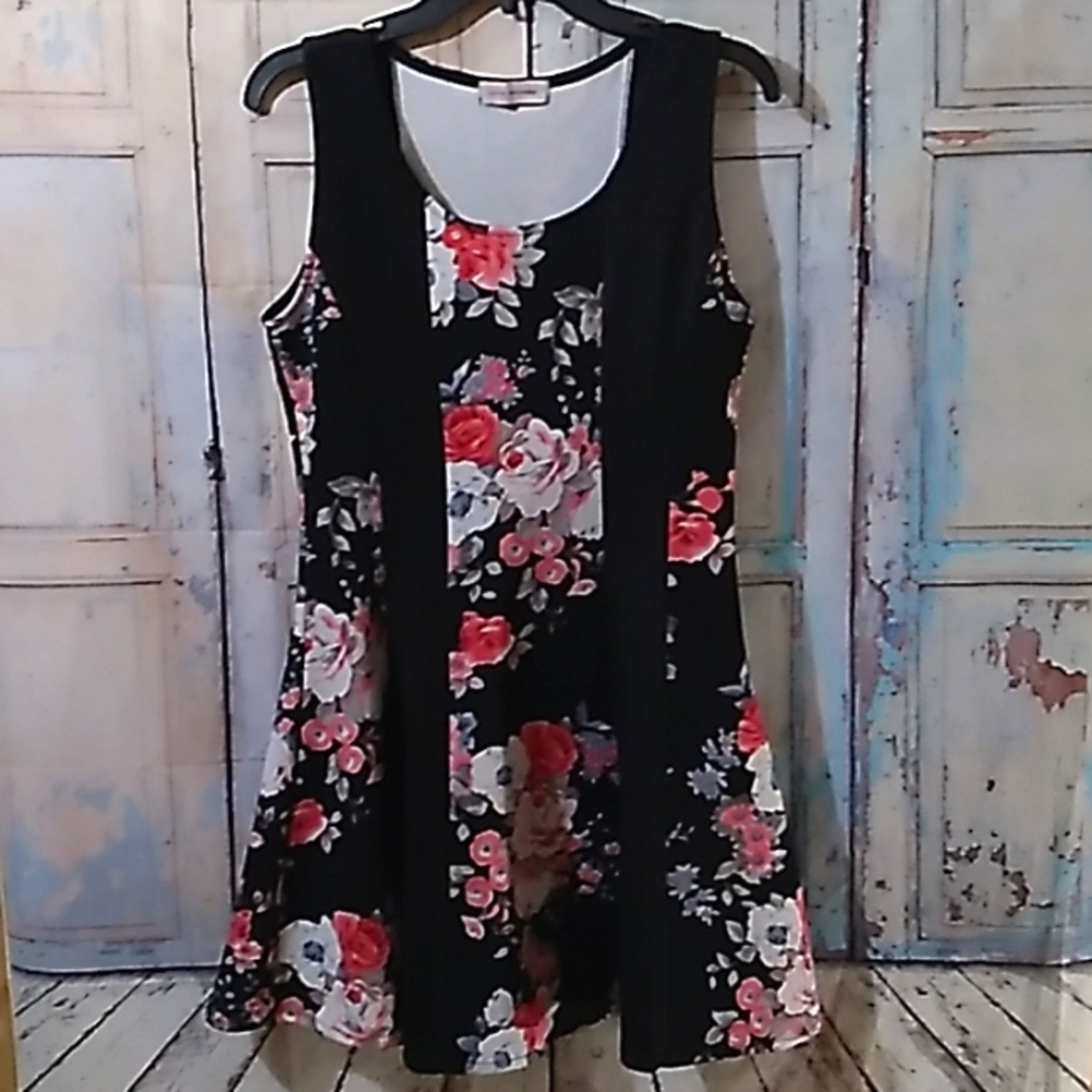 Pink Floralprint Stretch Jersey Knit Fit&Flare Mini Dress Black